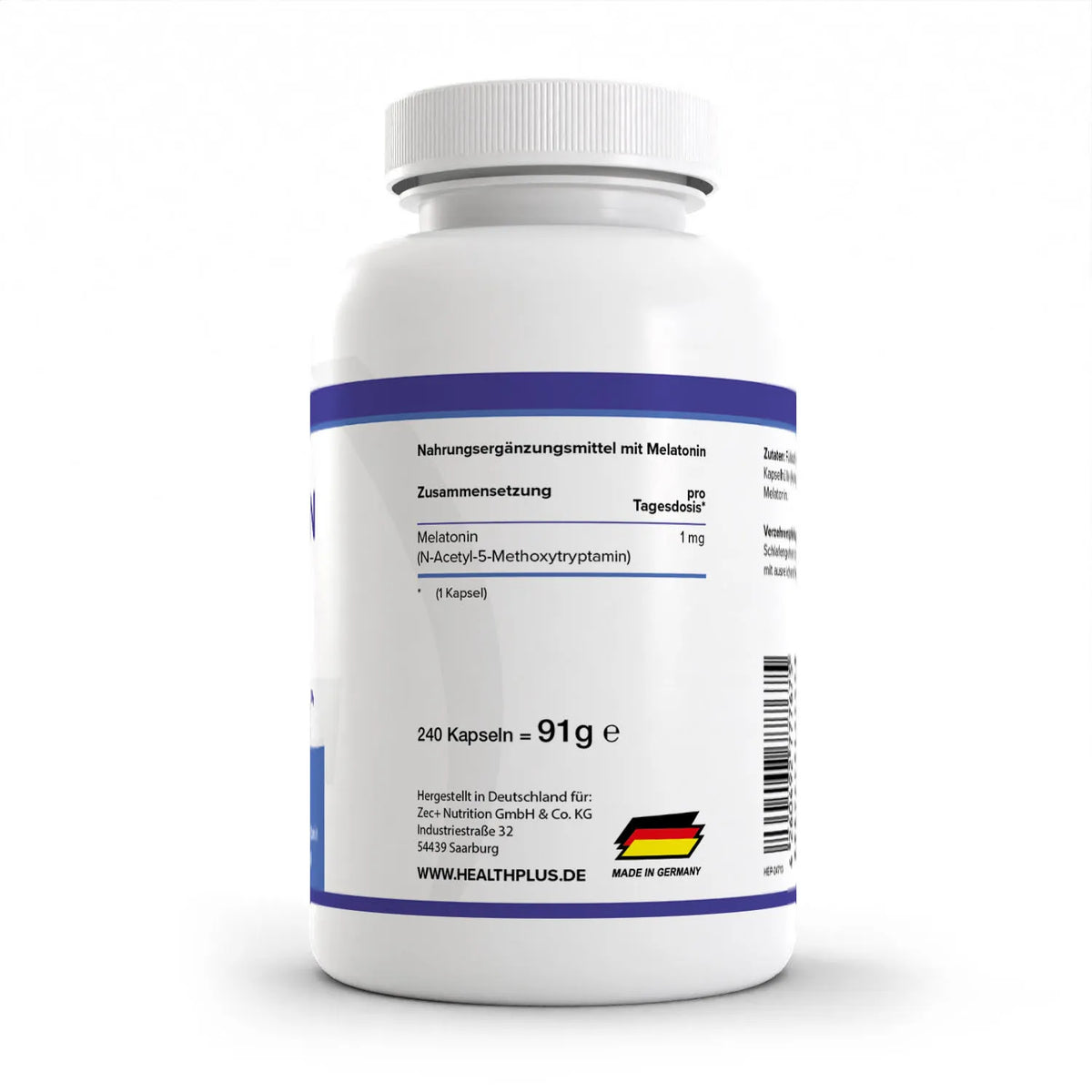 Healthplus Melatonin 240 Kapseln Rückseite Nährwerte Zusammensetzung weiße Kunststoffdose