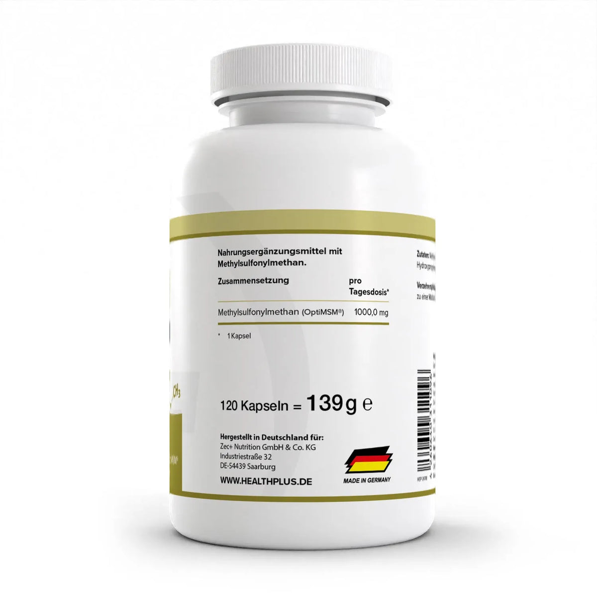 Healthplus MSM Methylsulfonylmethan 120 Kapseln Rückseite Nährwerte Zusammensetzung weiße Kunststoffdose