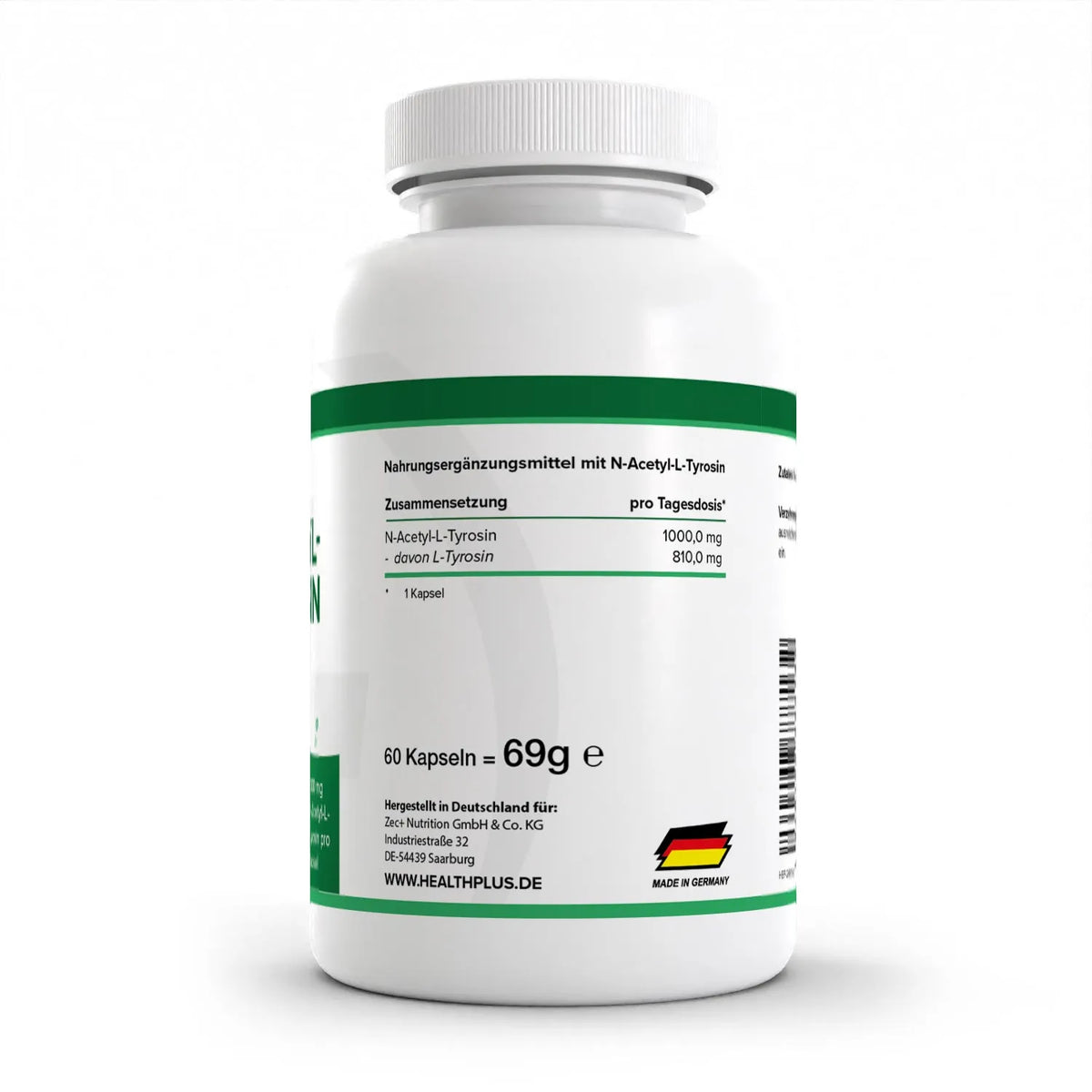 Healthplus N-Acetyl Tyrosin 60 Kapseln Rückseite Nährwerte Zusammensetzung weiße Kunststoffdose