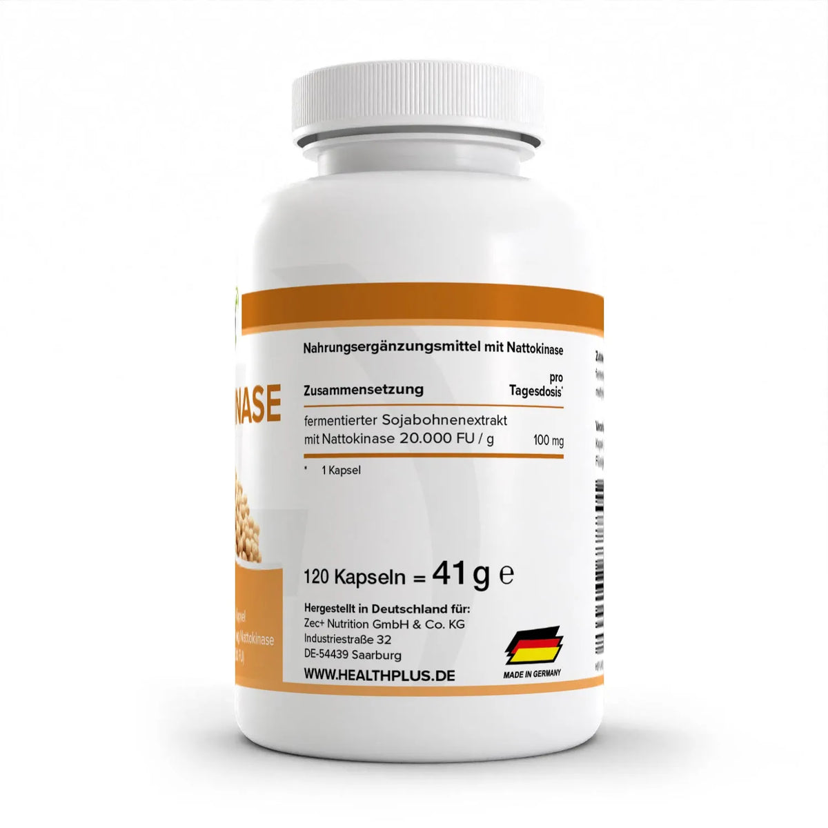 Healthplus Nattokinase 120 Kapseln Rückseite Nährwerte Zusammensetzung weiße Kunststoffdose