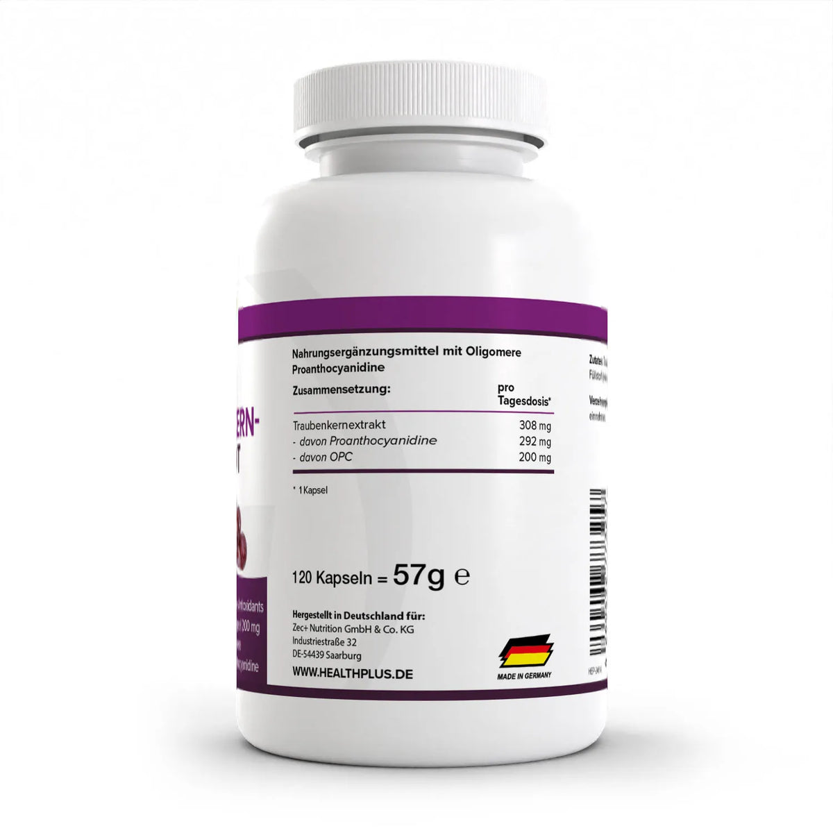 Healthplus Opc Traubenkernextrakt 120 Kapseln Rückseite Nährwerte Zusammensetzung weiße Kunststoffdose