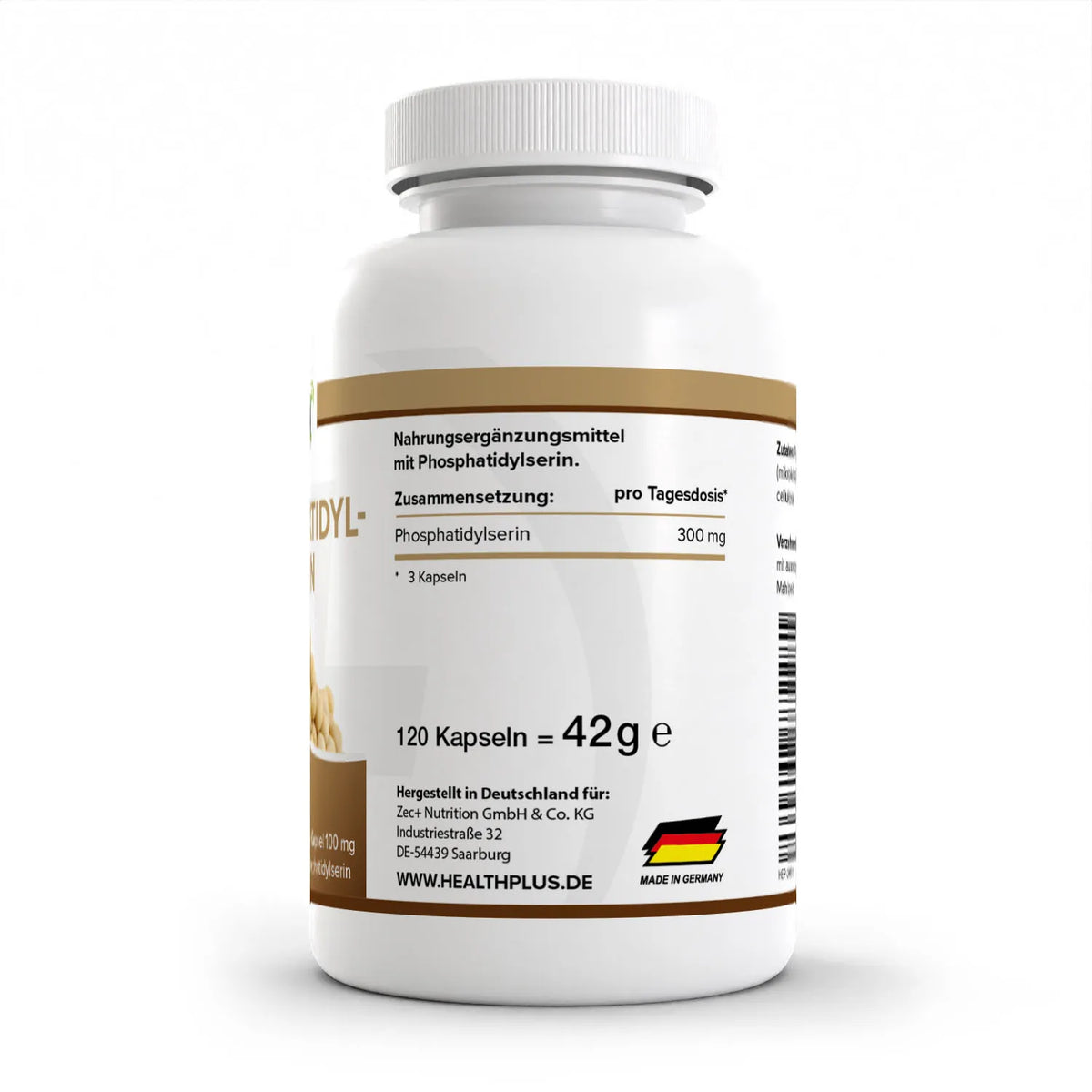 Healthplus Phosphatidylserin 120 Kapseln Rückseite Nährwerte Zusammensetzung weiße Kunststoffdose