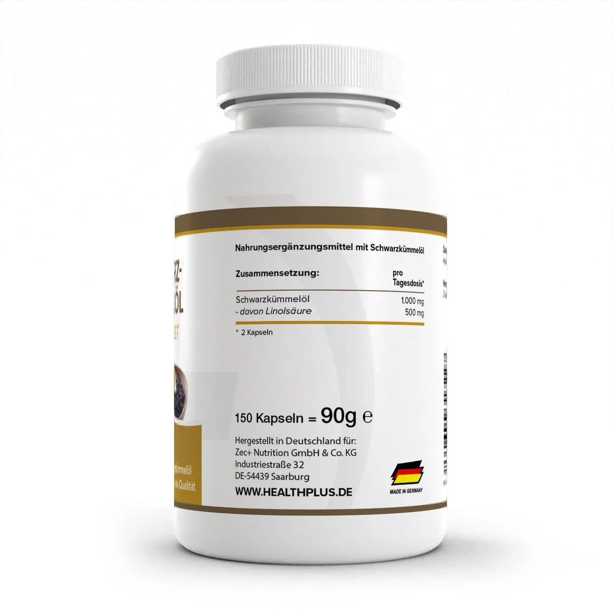 Healthplus Schwarzkümmelöl kaltgepresst 150 Kapseln Rückseite Nährwerte Zusammensetzung weiße Kunststoffdose
