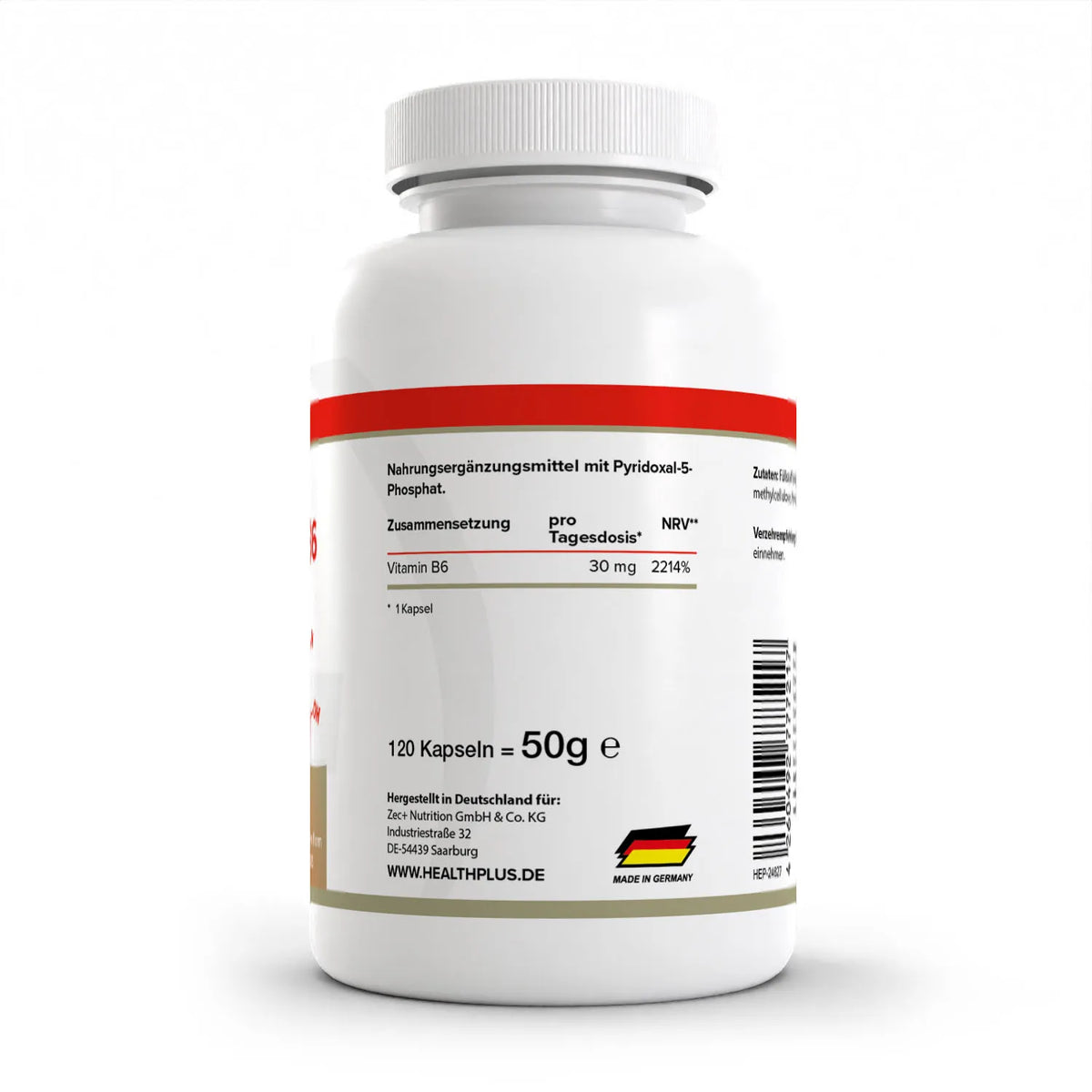 Healthplus Vitamin B6 120 Kapseln Rückseite Nährwerte Zusammensetzung weiße Kunststoffdose