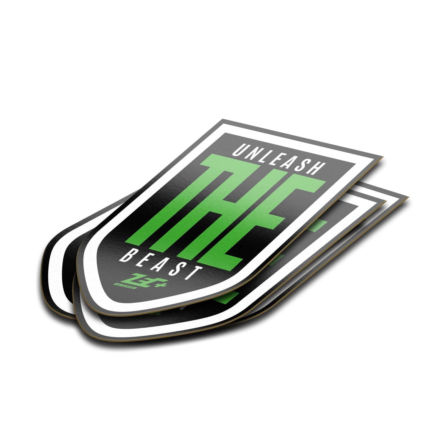 Drei Zecplus Autoaufkleber klein Motiv Unleash the Beast übereinander gestapelt schwarz weiß grün mit Zecplus Logo