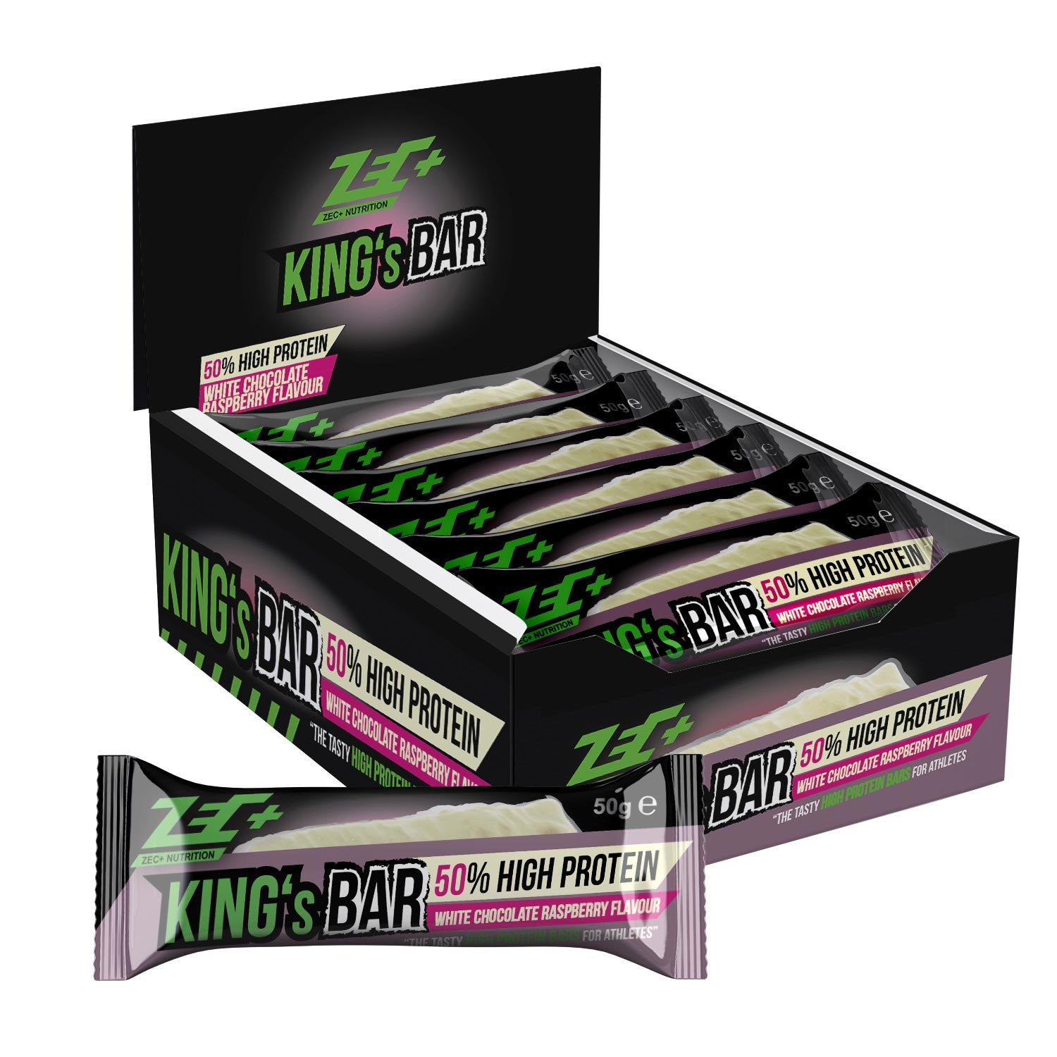 Zecplus Kings Bar Proteinriegel 50% Proteingehalt White Chocolate Raspberry schwarze Packung 1200g mit 24 Einzelriegeln