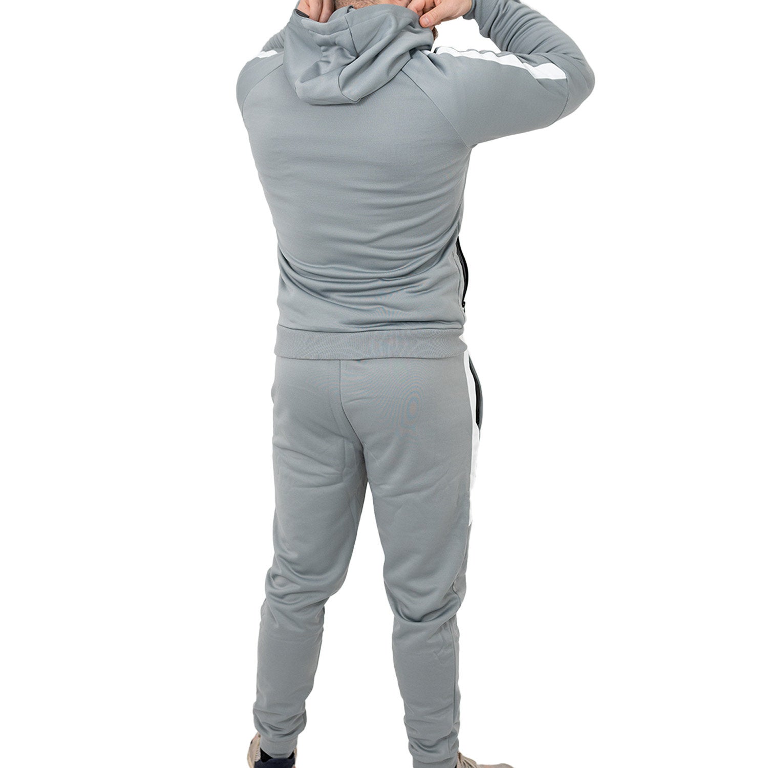 Grauer Herren-Trainingsanzug mit Kapuzenjacke und Hose, Rückenansicht