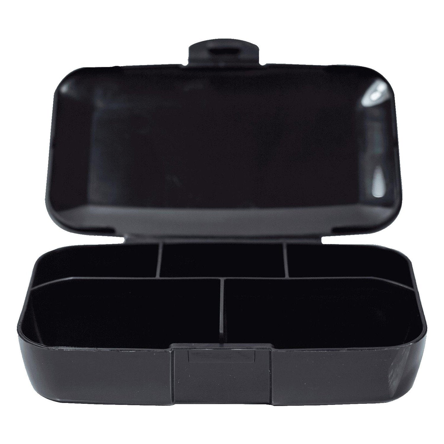 Schwarze Pillenbox geöffnet mit fünf Fächern, Innenansicht