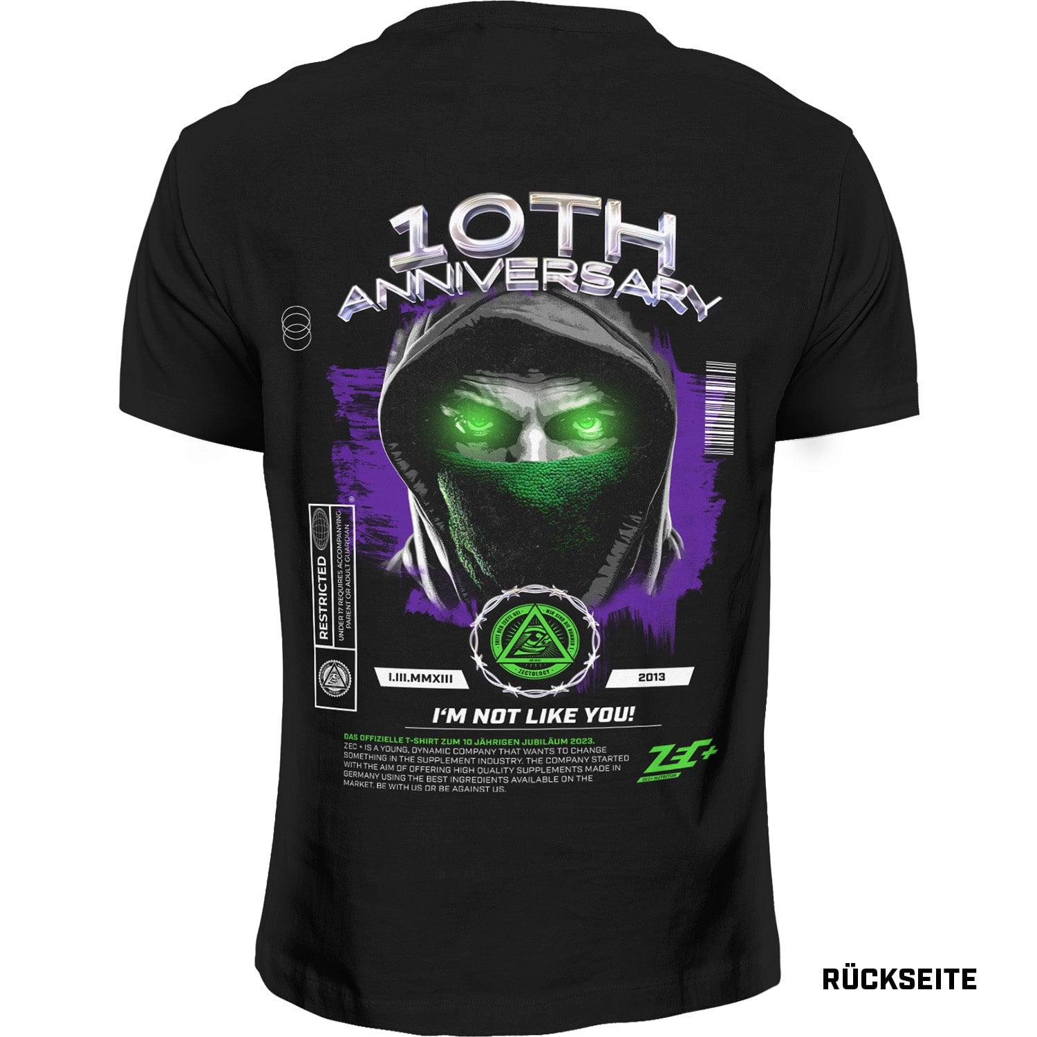 Schwarzes Zec+ Herren T-Shirt Anniversary, Rückseite mit großem Motivdruck