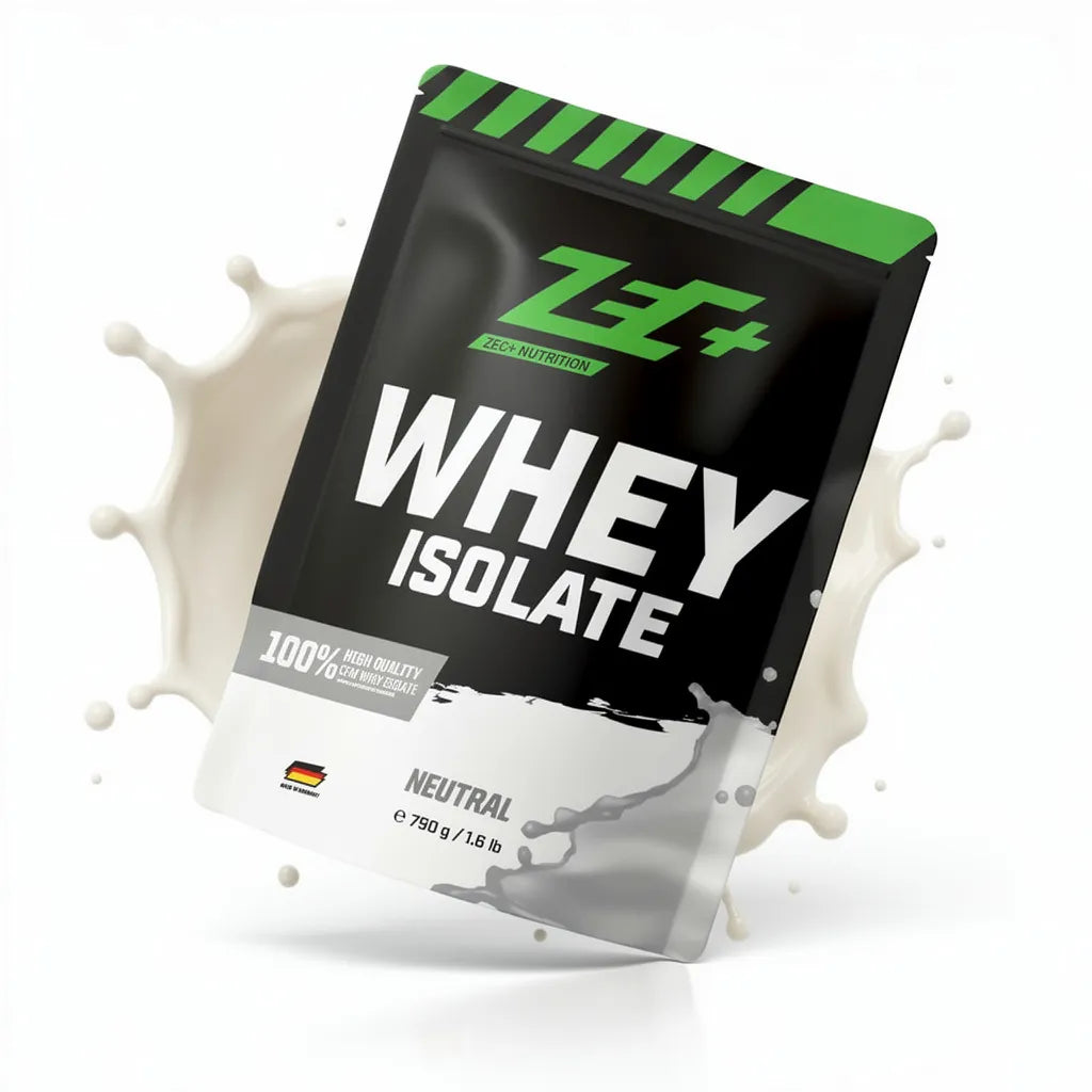 Zecplus Whey Isolate Neutral 750g Proteinpulver Vorderseite weiß-grüner Standbeutel mit Illustration Geschmacksrichtung