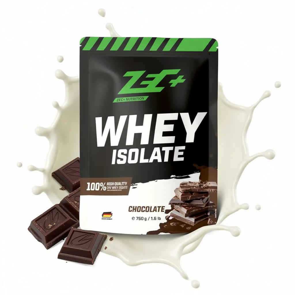 Zecplus Whey Isolate Schokolade 750g Proteinpulver Vorderseite weiß-grüner Standbeutel mit Illustration Geschmacksrichtung