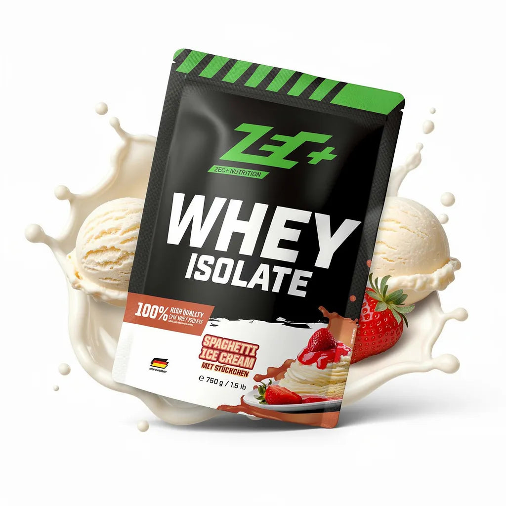 Zecplus Whey Isolate Spaghetti Eis 750g Proteinpulver Vorderseite weiß-grüner Standbeutel mit Illustration Geschmacksrichtung