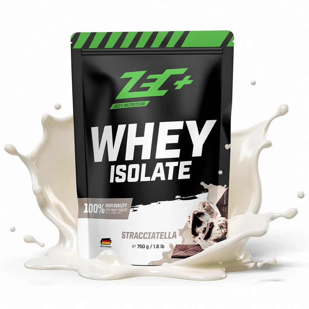 Zecplus Whey Isolate Stracciatella 750g Proteinpulver Vorderseite weiß-grüner Standbeutel mit Illustration Geschmacksrichtung