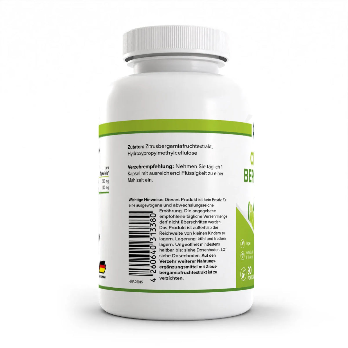 Healthplus Citrus Bergamot Bergamotte Kapseln 90 Stück Rückseite Zutaten Verzehrempfehlung weiße Kunststoffdose