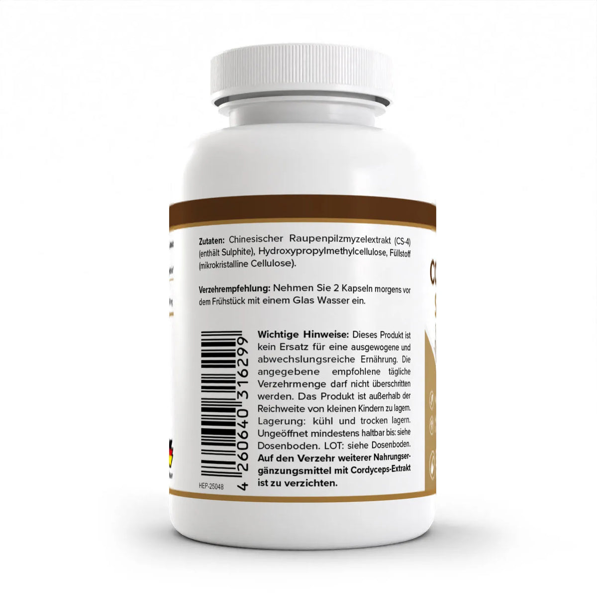 Healthplus Cordyceps Synergy Pilzextrakt Kapseln 60 Stück Rückseite Zutaten weiße Kunststoffdose