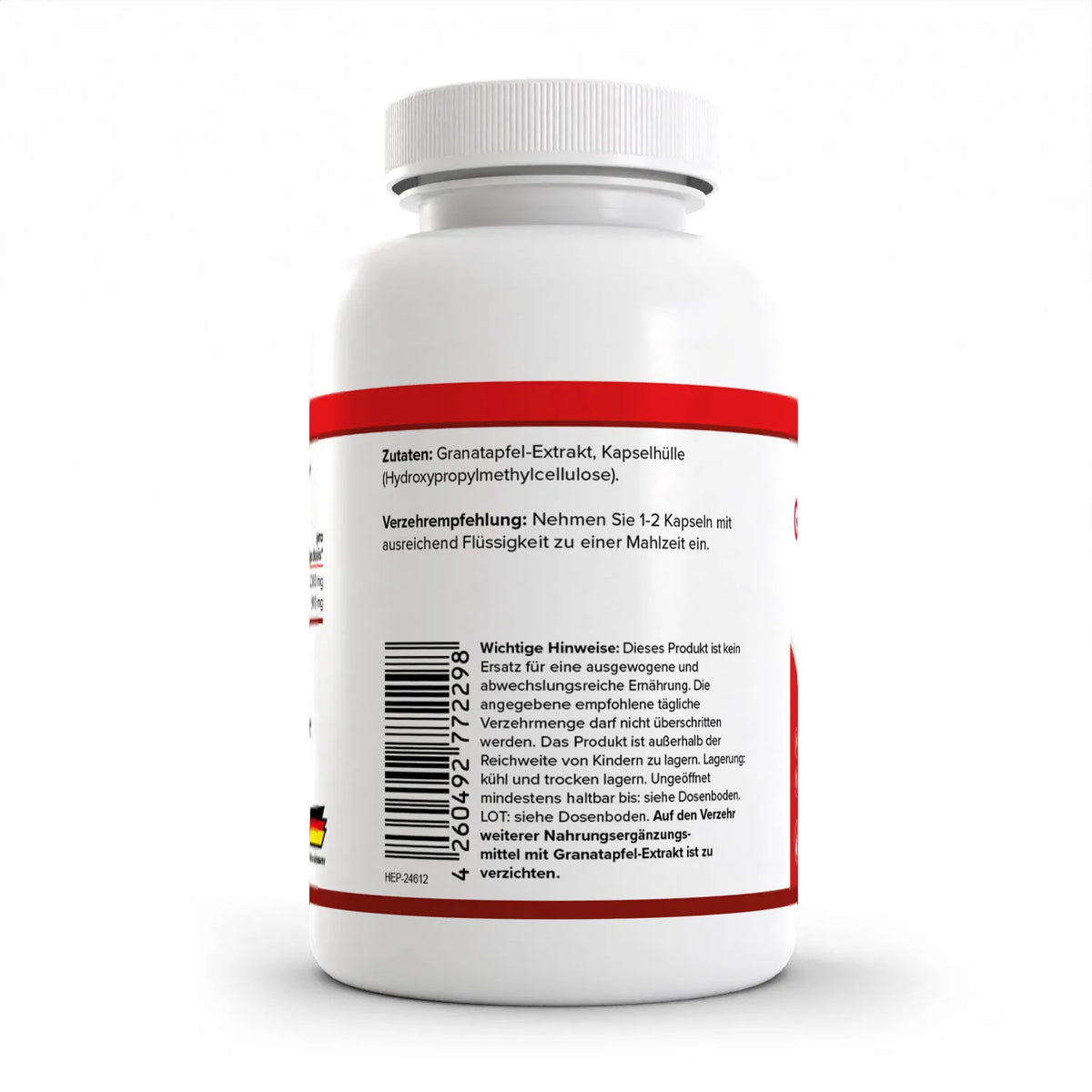Healthplus Granatapfel Extrakt 60 Kapseln Rückseite Zutaten und Verzehrempfehlung weiße Kunststoffdose