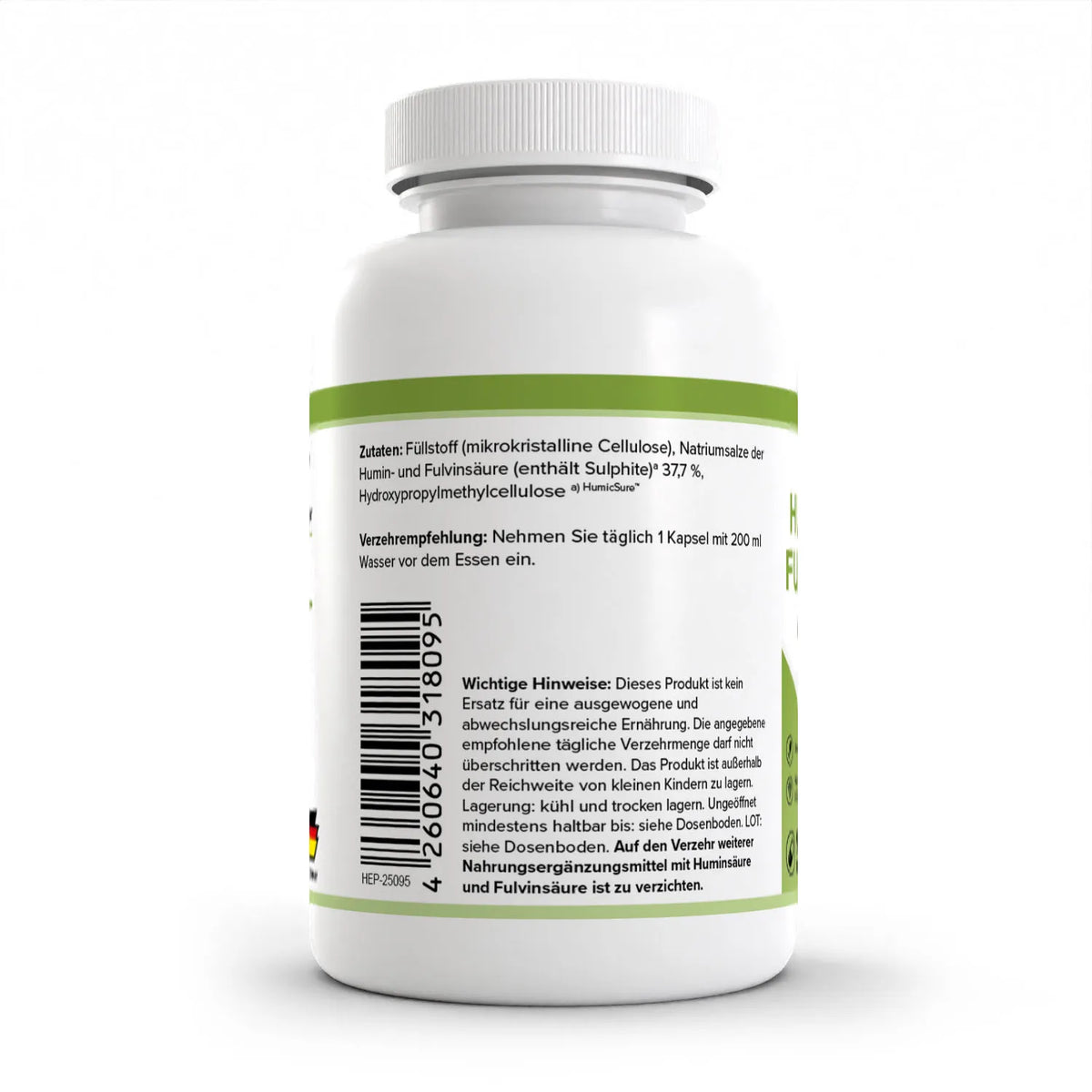 Healthplus Humin- und Fluvinsäure 90 Kapseln Rückseite Zutaten und Verzehrempfehlung weiße Kunststoffdose