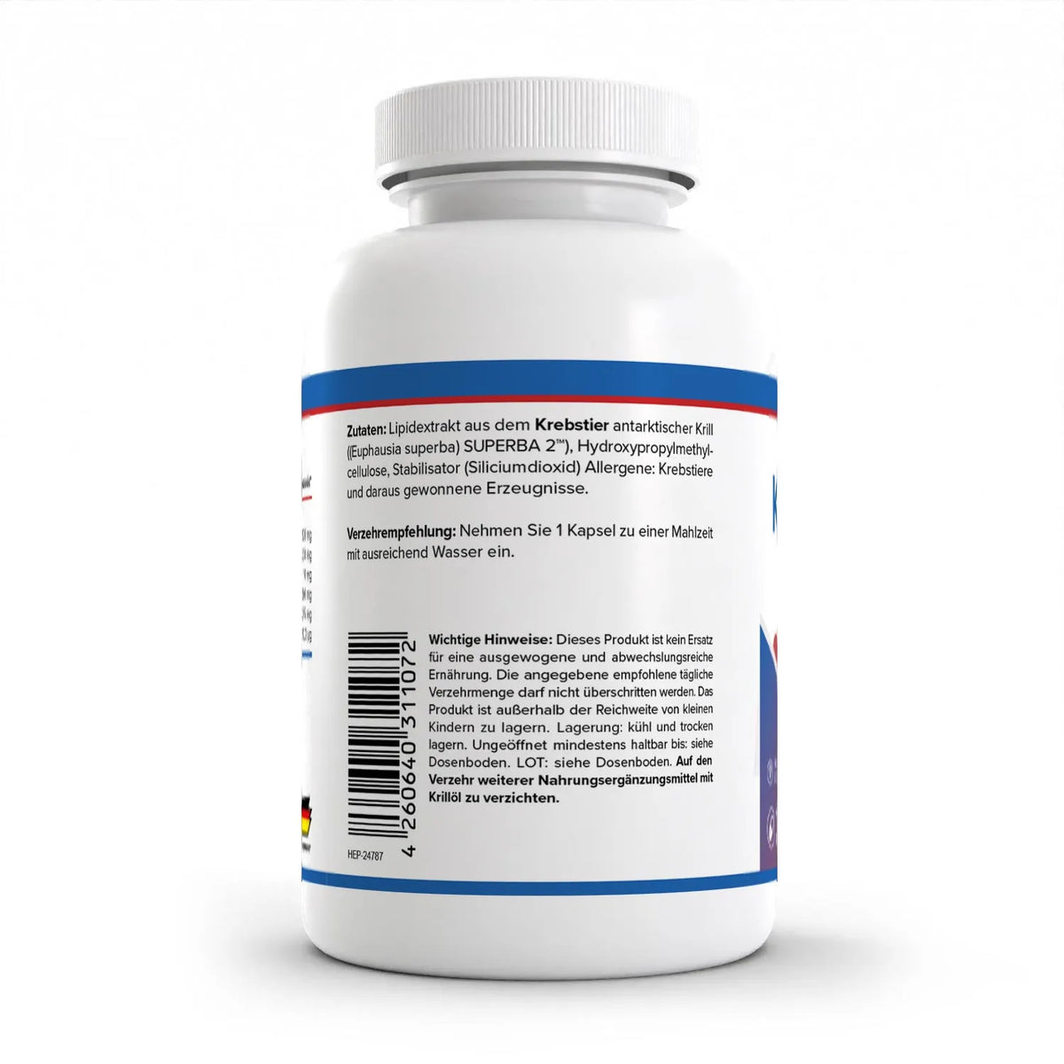 Healthplus Krillöl 120 Kapseln Rückseite Zutaten und Verzehrempfehlung weiße Kunststoffdose