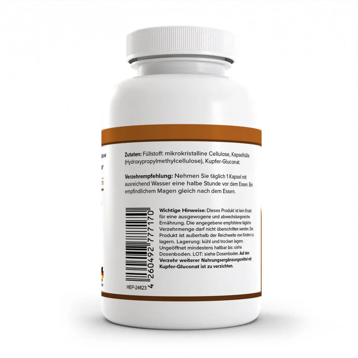 Healthplus Kupfer 90 Kapseln Rückseite Zutaten und Verzehrempfehlung weiße Kunststoffdose