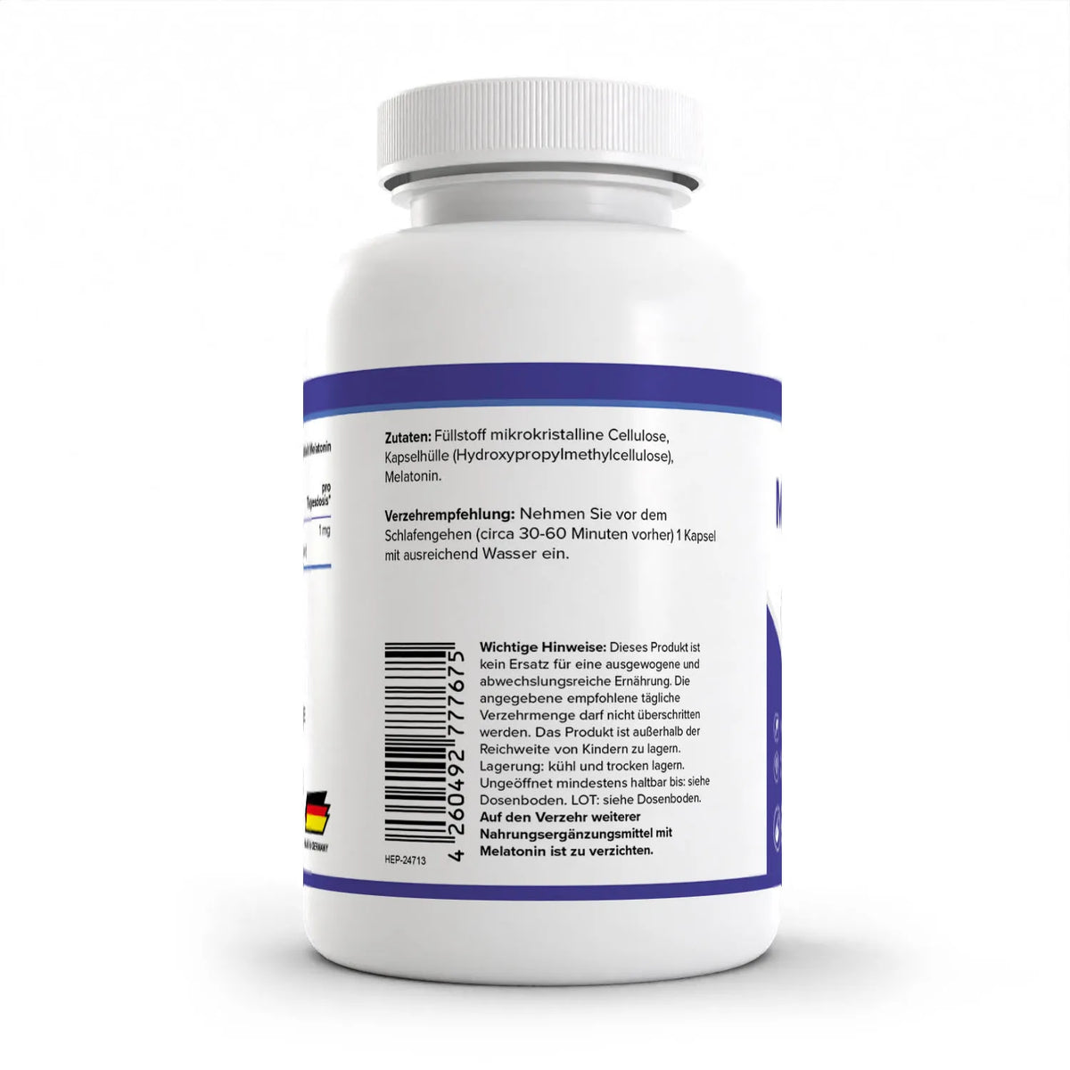 Healthplus Melatonin 240 Kapseln Rückseite Zutaten und Verzehrempfehlung weiße Kunststoffdose