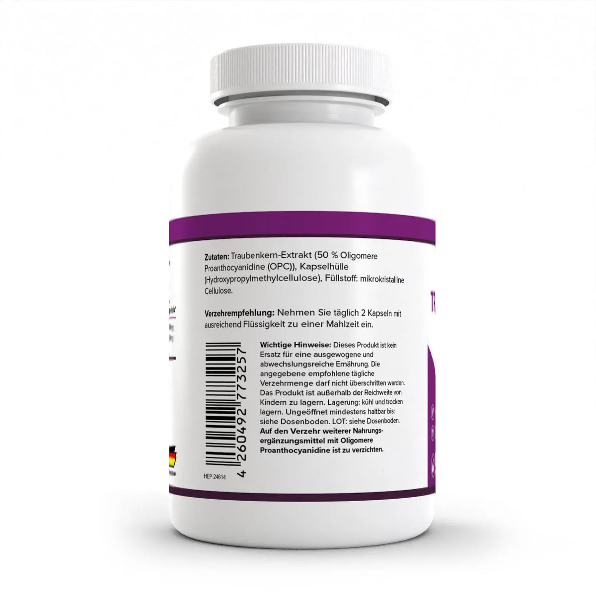 Healthplus Opc Traubenkernextrakt 120 Kapseln Rückseite Zutaten und Verzehrempfehlung weiße Kunststoffdose