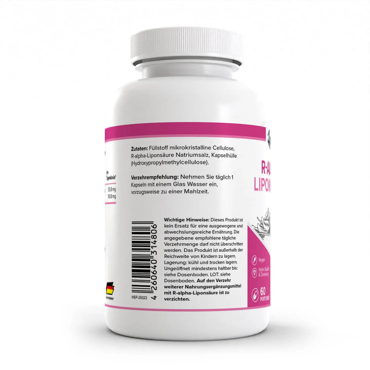 Healthplus R-Alpha-Liponsäure 60 Kapseln Rückseite Zutaten und Verzehrempfehlung weiße Kunststoffdose