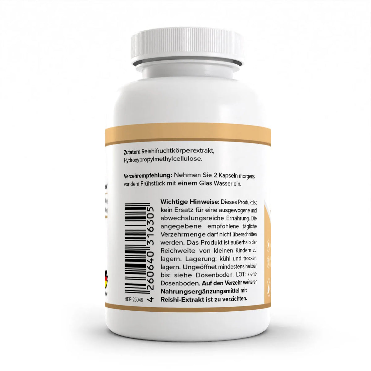 Healthplus Reishi Extrakt 60 Kapseln Rückseite Zutaten und Verzehrempfehlung weiße Kunststoffdose