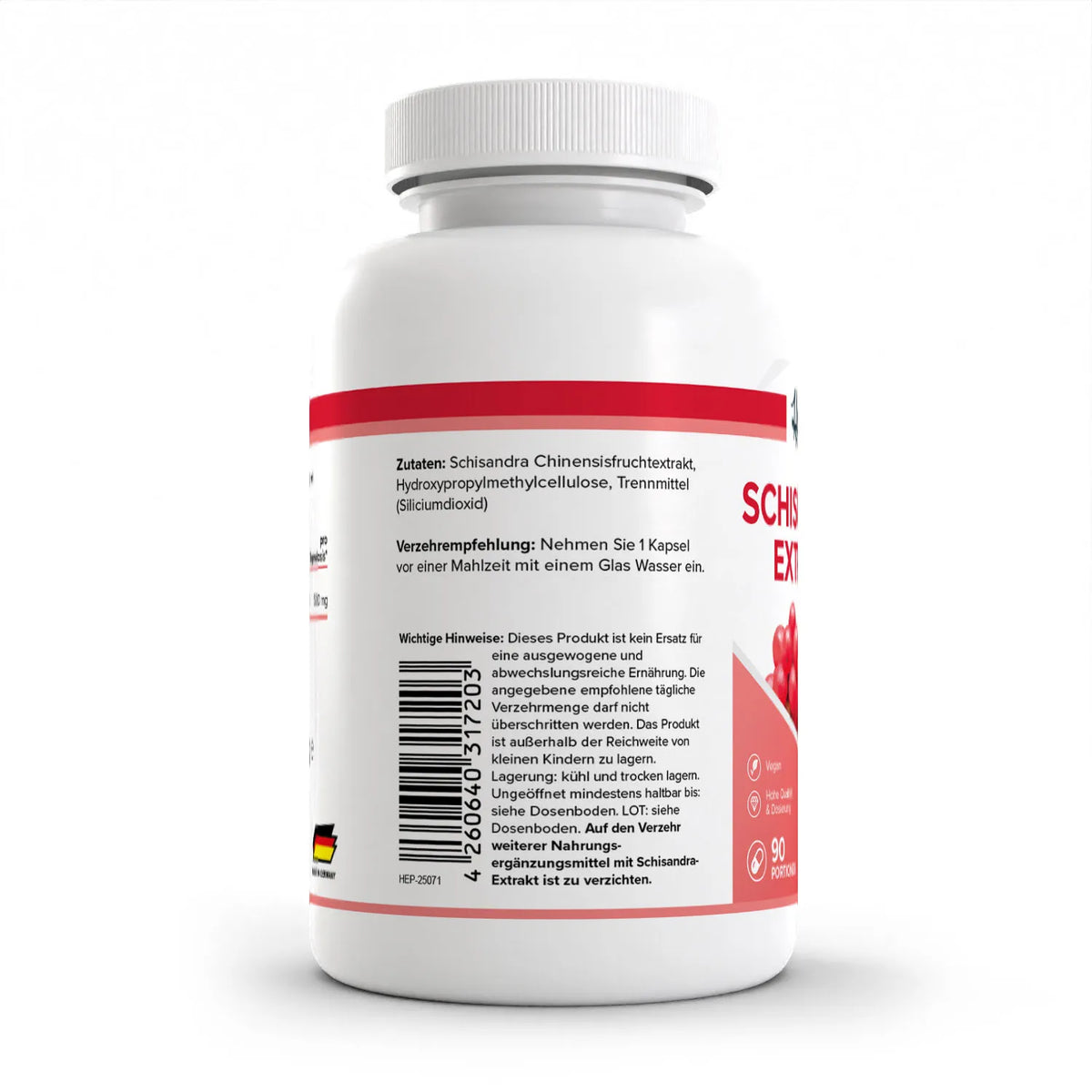 Healthplus Schisandra Extrakt 90 Kapseln Rückseite Zutaten und Verzehrempfehlung weiße Kunststoffdose