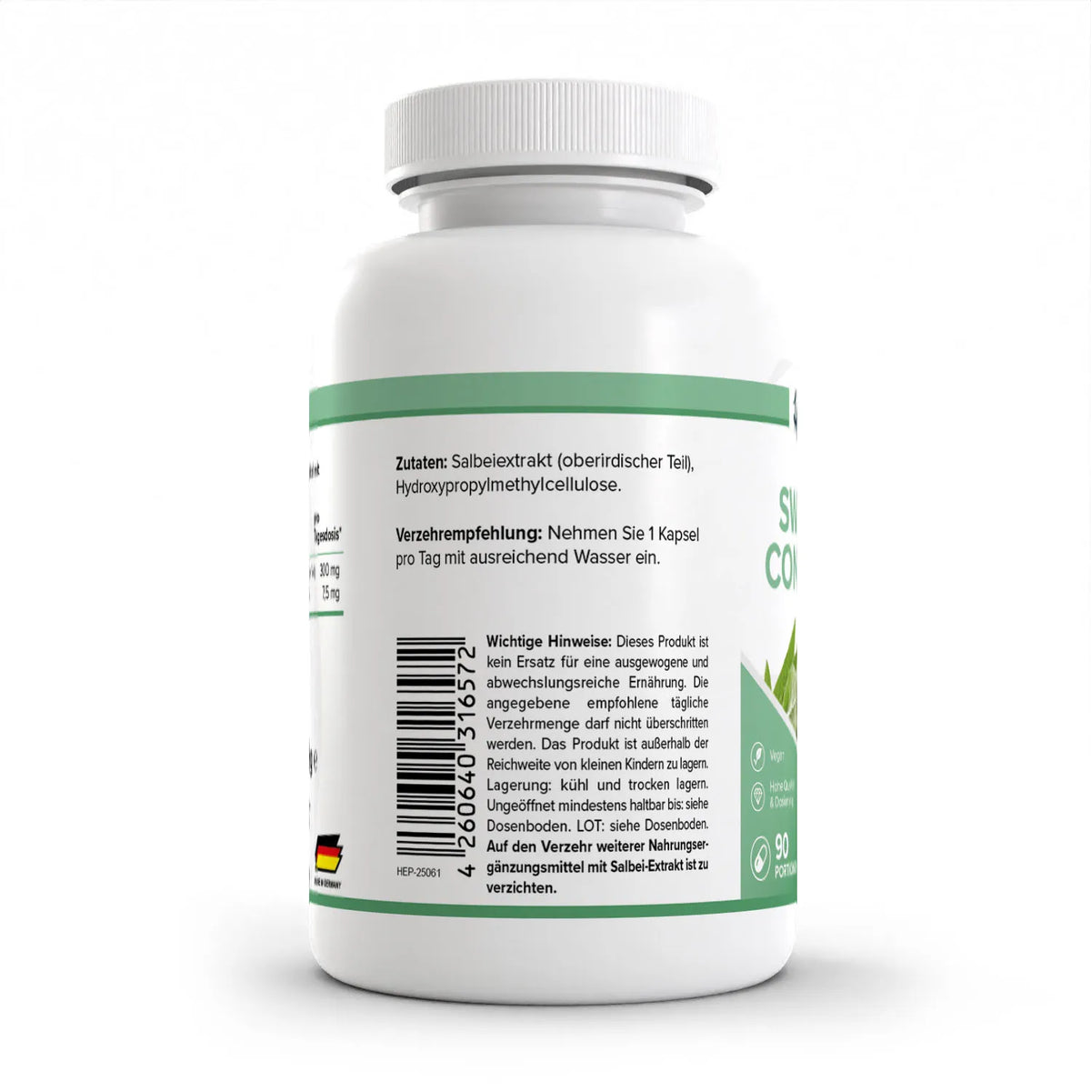 Healthplus Sweat Control Salbeiextrakt 90 Kapseln Rückseite Zutaten und Verzehrempfehlung weiße Kunststoffdose