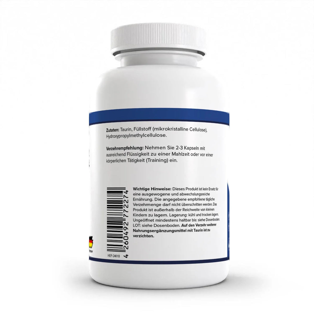 Healthplus Taurin 60 Kapseln Rückseite Zutaten und Verzehrempfehlung weiße Kunststoffdose