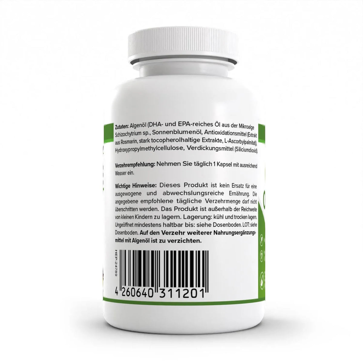 Healthplus Vegan Omega 3 Algenöl Kapseln 60 Stück Rückseite Zutaten weiße Kunststoffdose