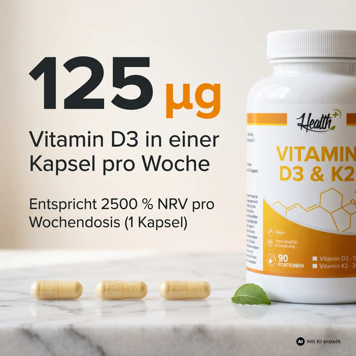 HEALTH+ VITAMIN D3 & K2, 90 Kapseln