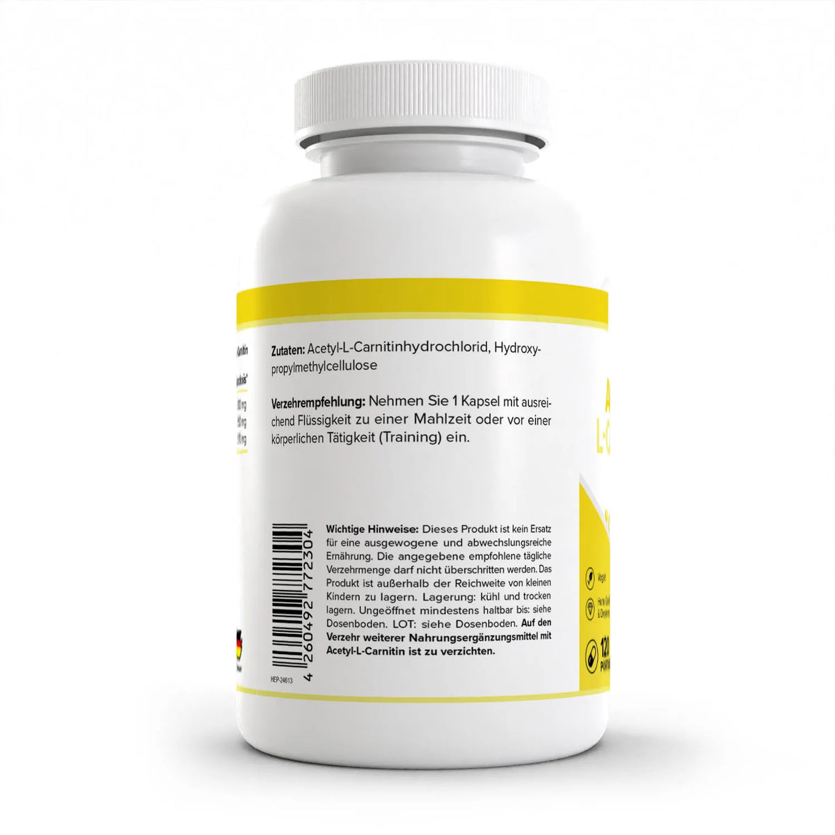 Healthplus Acetyl L Carnitin Kapseln 120 Stück Rückseite Zutaten Verzehrempfehlung weiße Kunststoffdose