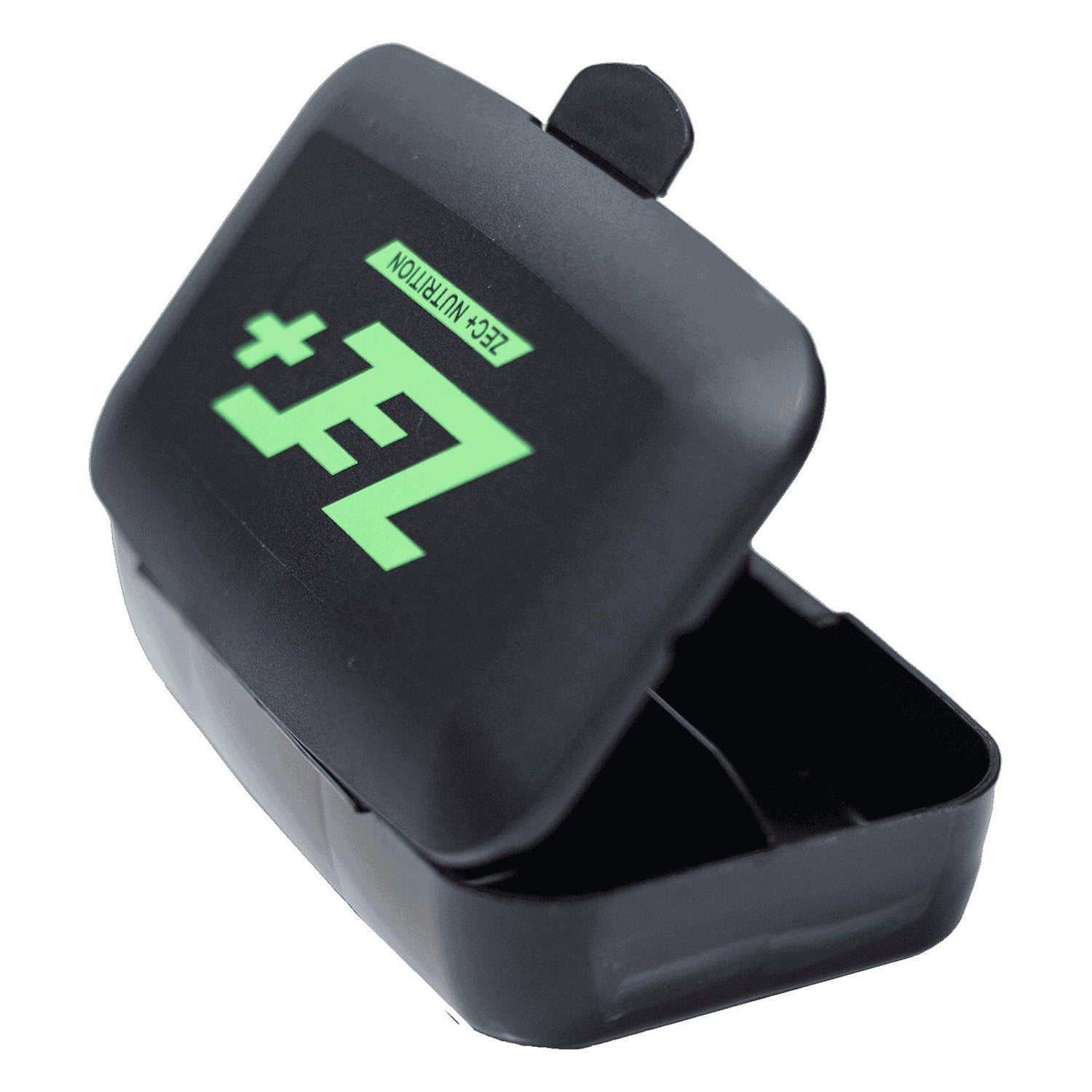 Schwarze Pillenbox geöffnet, Schrägansicht mit sichtbarem Logo und Fächern