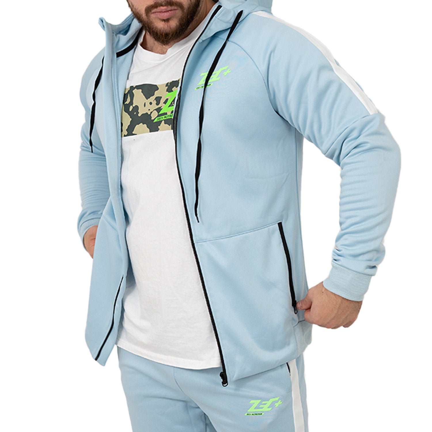 Zec+ Herren Trackuit Jacke in Blau, offene Front mit Kapuze