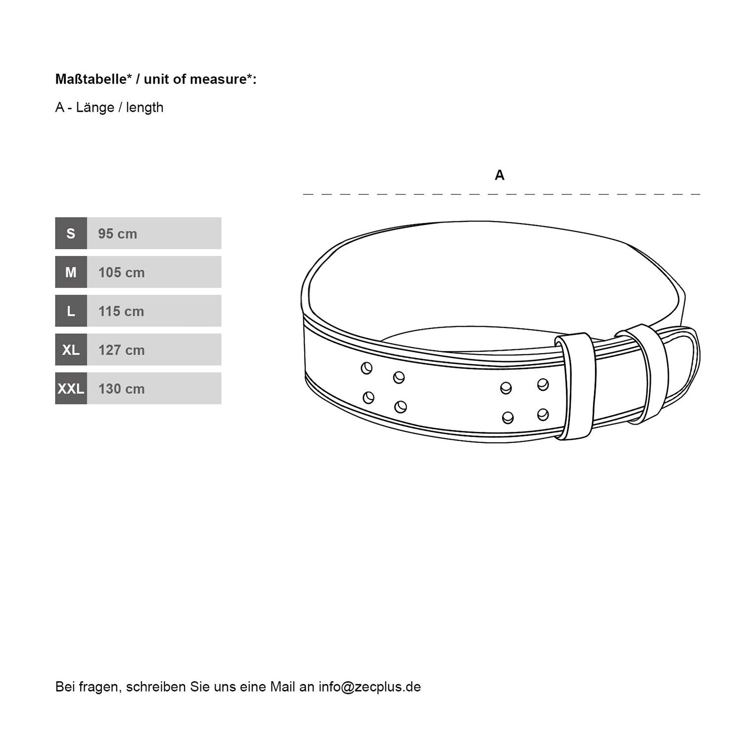 Zecplus Gewichthebergürtel Größe L bis 2XL Maßtabelle Illustration mit Längenangaben