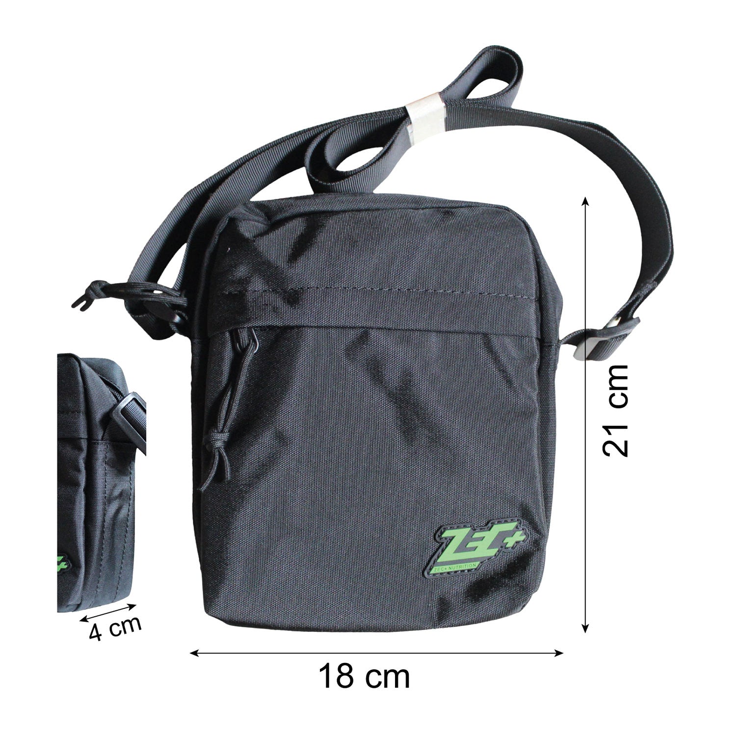 Zec+ Umhängetasche Ticka, Vorderseite mit Größenangaben 21x18x4 cm