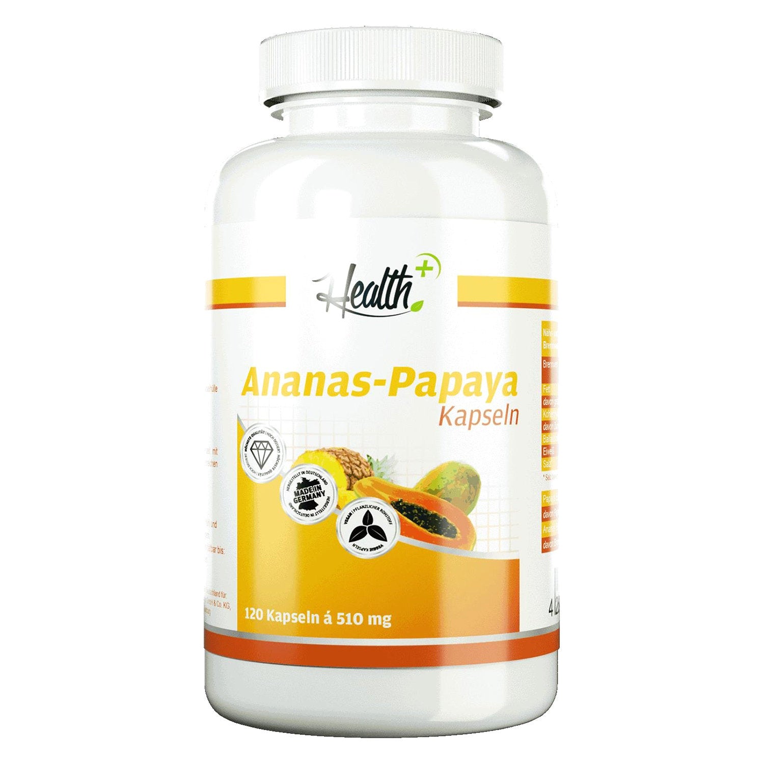 Healthplus Ananas Papaya Kapseln Vorderseite weiße Kunststoffdose