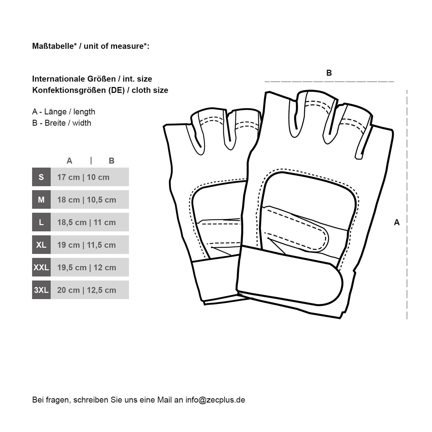 Größentabelle S–3XL für Trainingshandschuhe mit Maßangaben