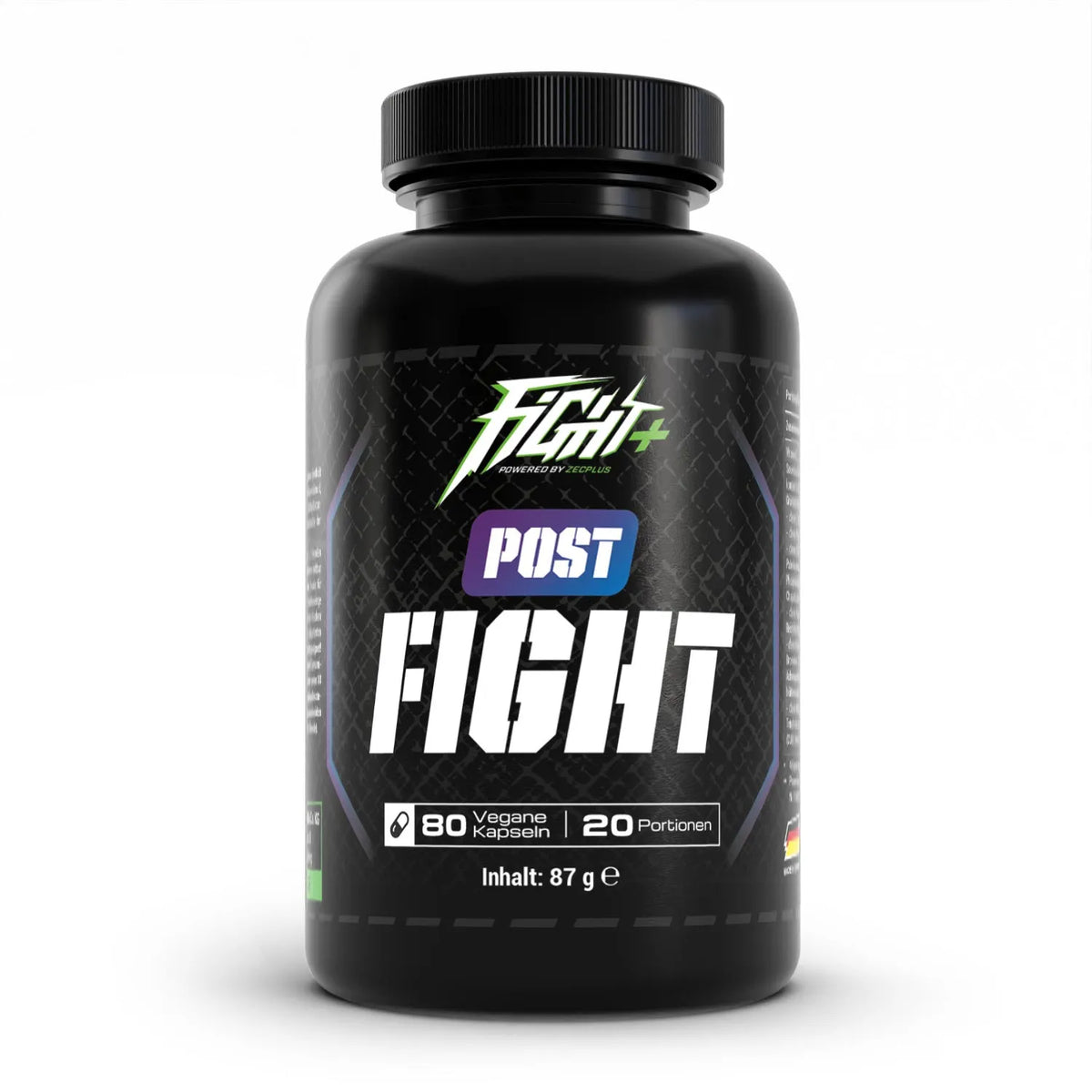 Fightplus Post Fight 80 Kapseln Workout Booster für Kampsport Vorderseite schwarze Dose