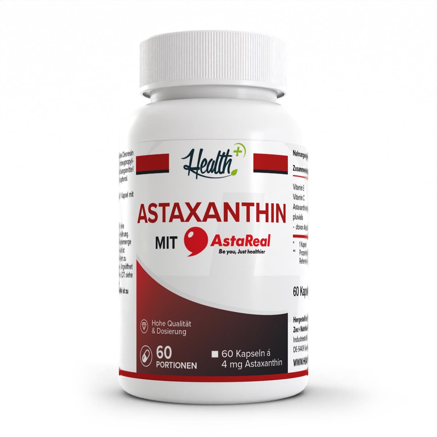 Healthplus Astaxanthin Kapseln 60 Stück Vorderseite weiße Kunststoffdose  