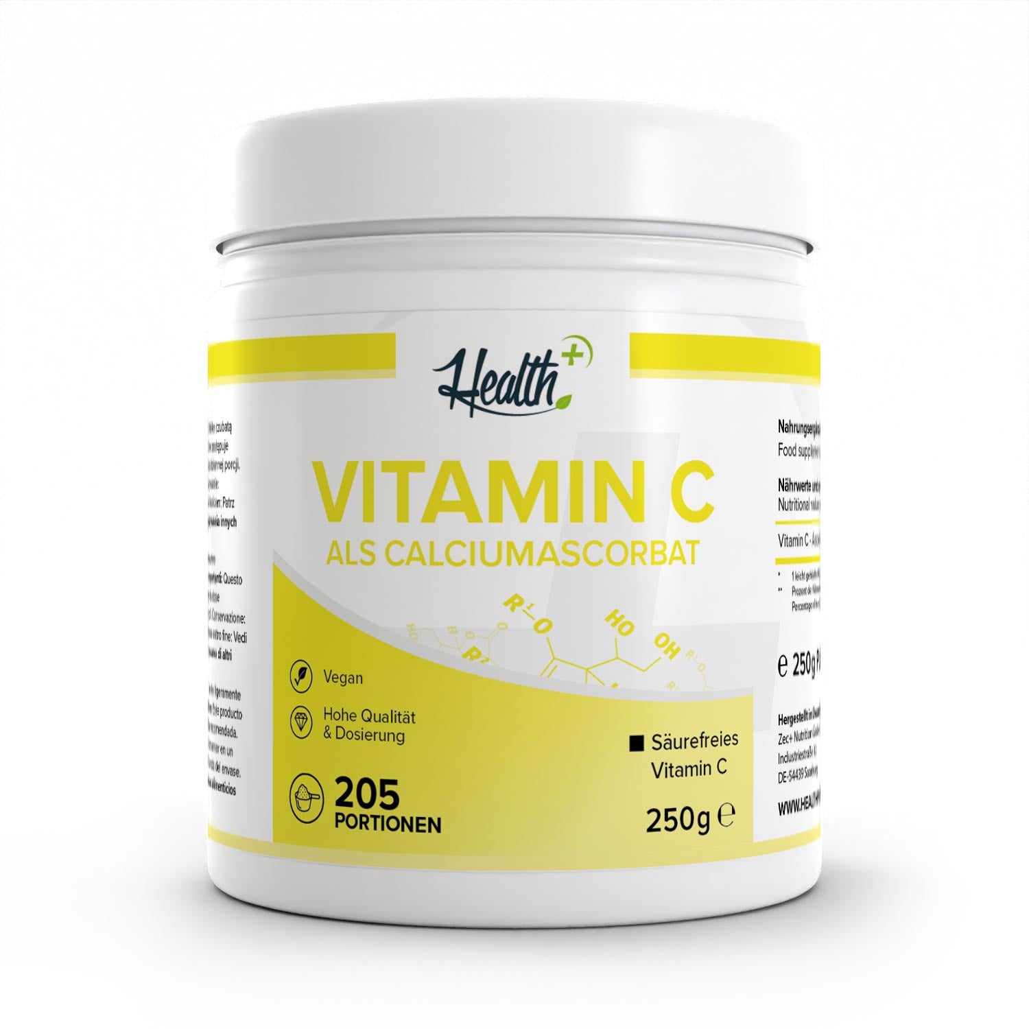 Healthplus Calciumascorbat Pulver 250g Vorderseite weiße Kunststoffdose 