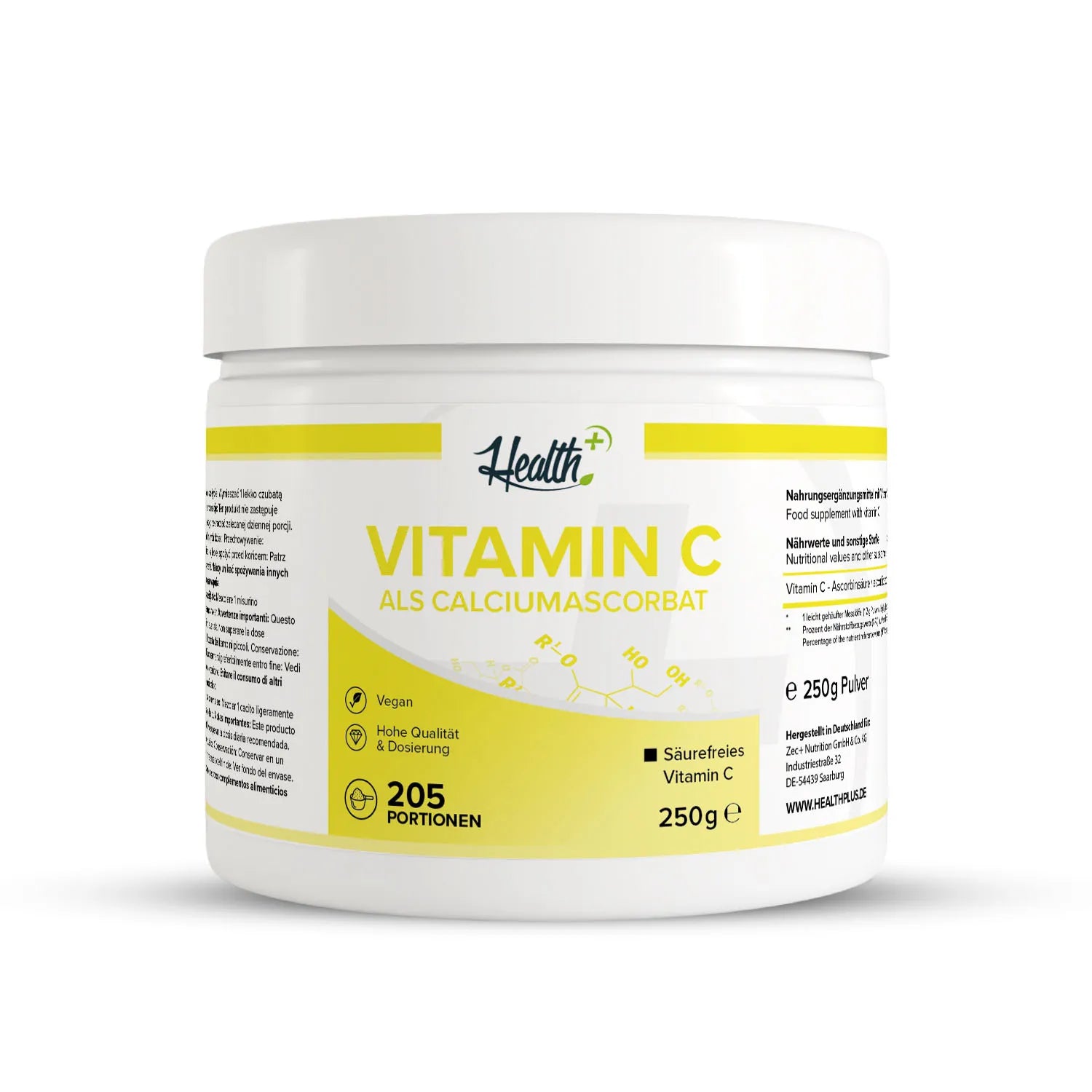 Healthplus Calciumascorbat Pulver 250g Vorderseite weiße Kunststoffdose 