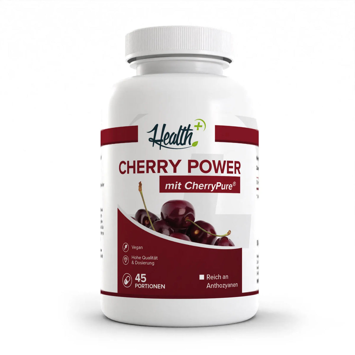 Healthplus Cherry Power Kirschextrakt Kapseln 90 Stück Vorderseite weiße Kunststoffdose