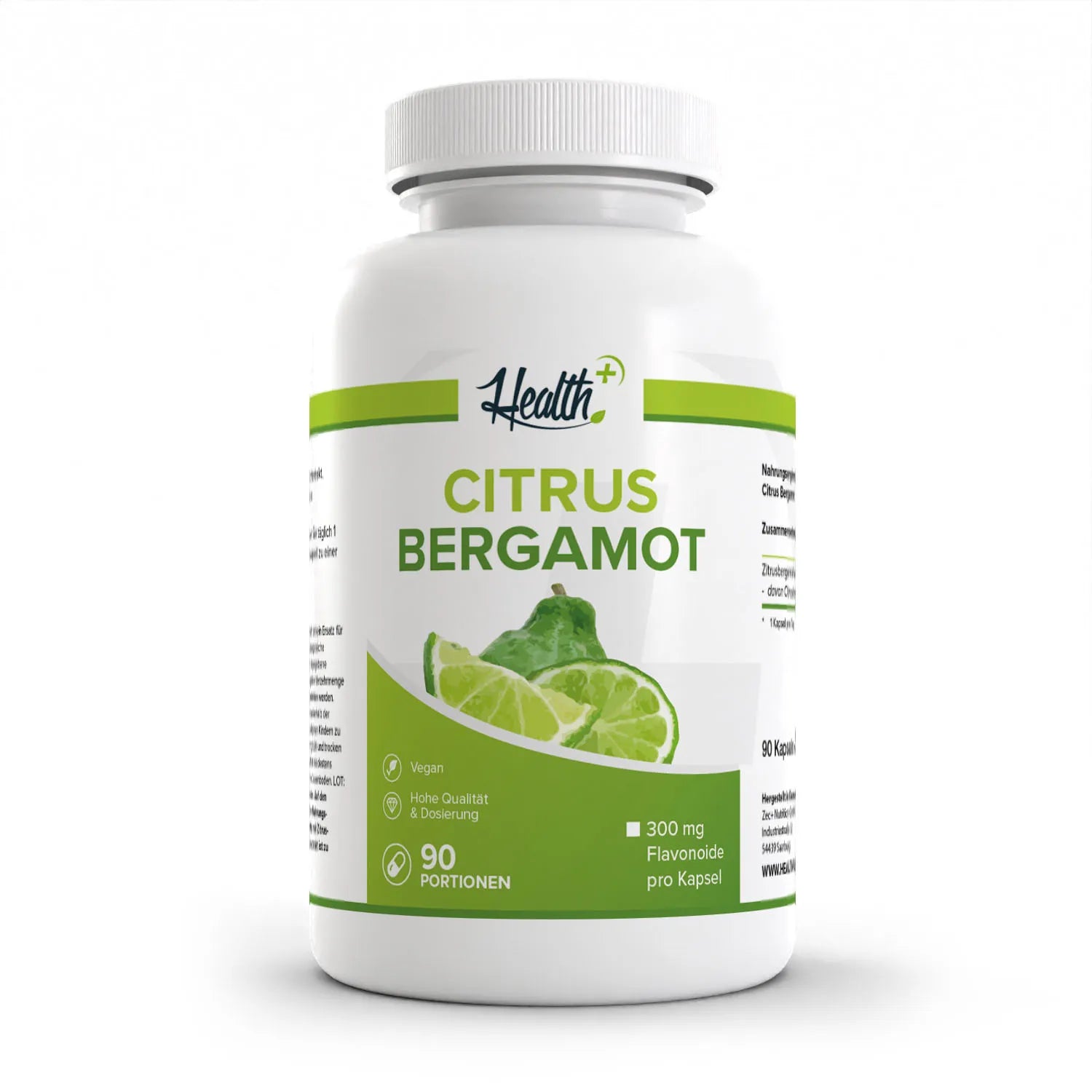 Healthplus Citrus Bergamot Bergamotte Kapseln 90 Stück Vorderseite weiße Kunststoffdose 