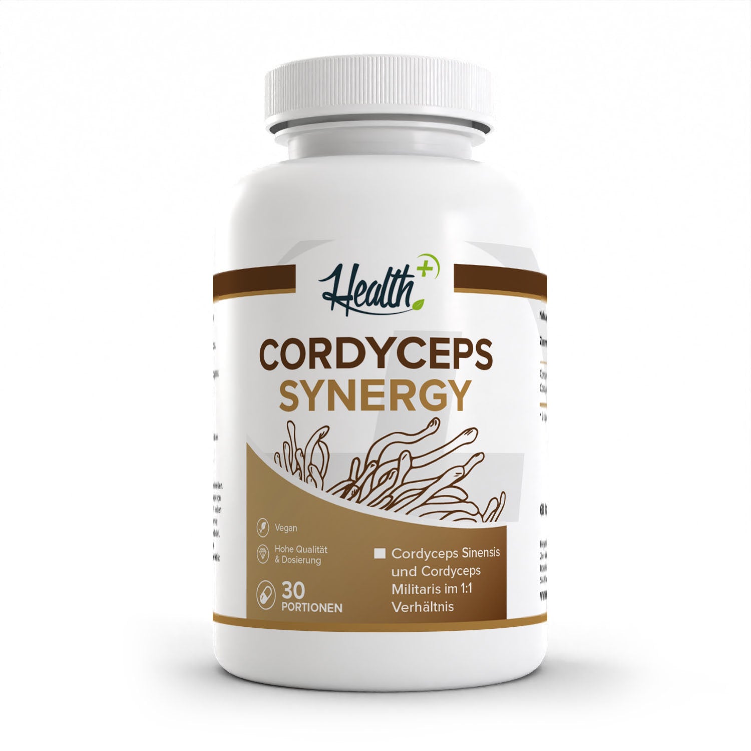 Healthplus Cordyceps Synergy Pilzextrakt Kapseln 60 Stück Vorderseite weiße Kunststoffdose