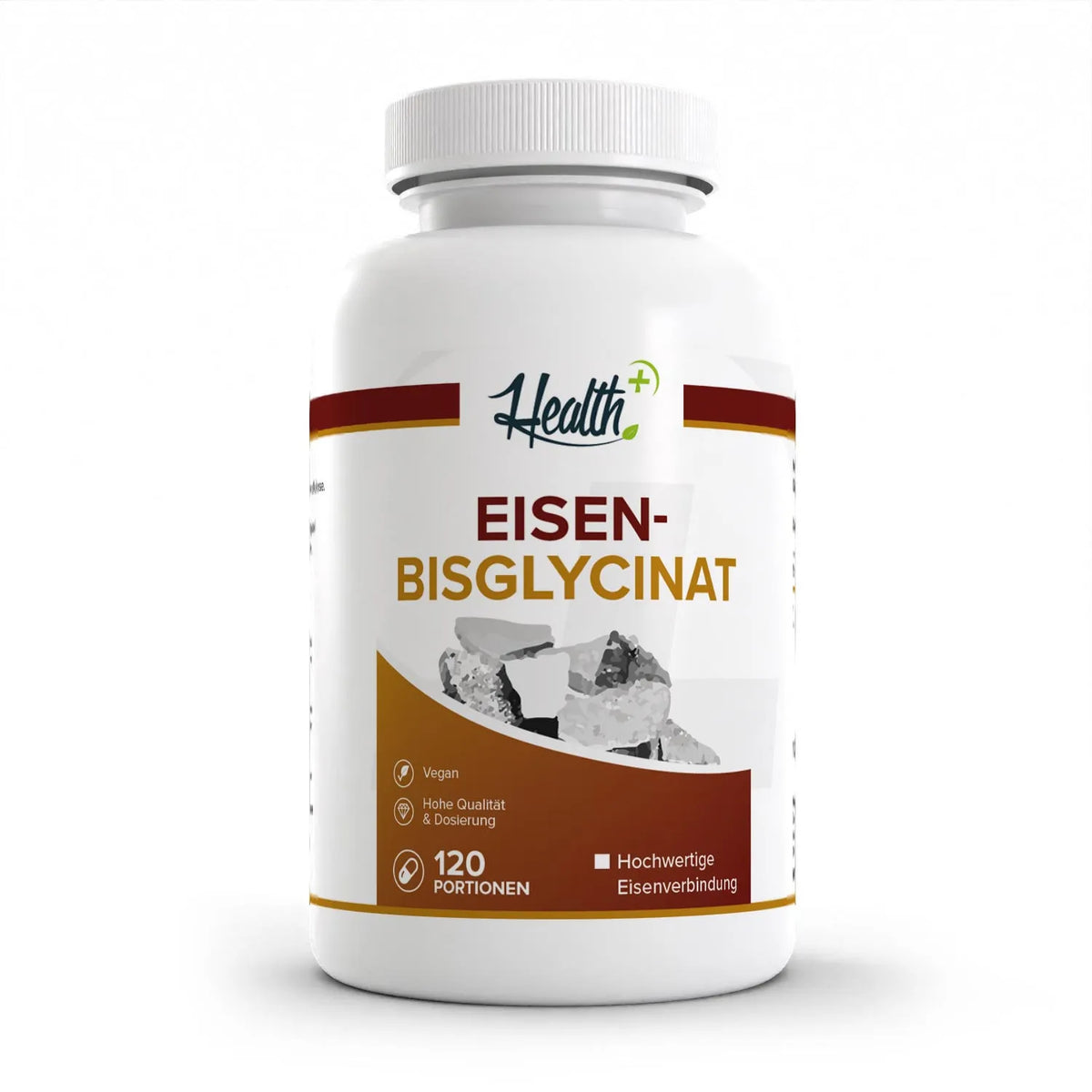 Healthplus Eisenbisglycinat 120 Kapseln Vorderseite weiße Kunststoffdose