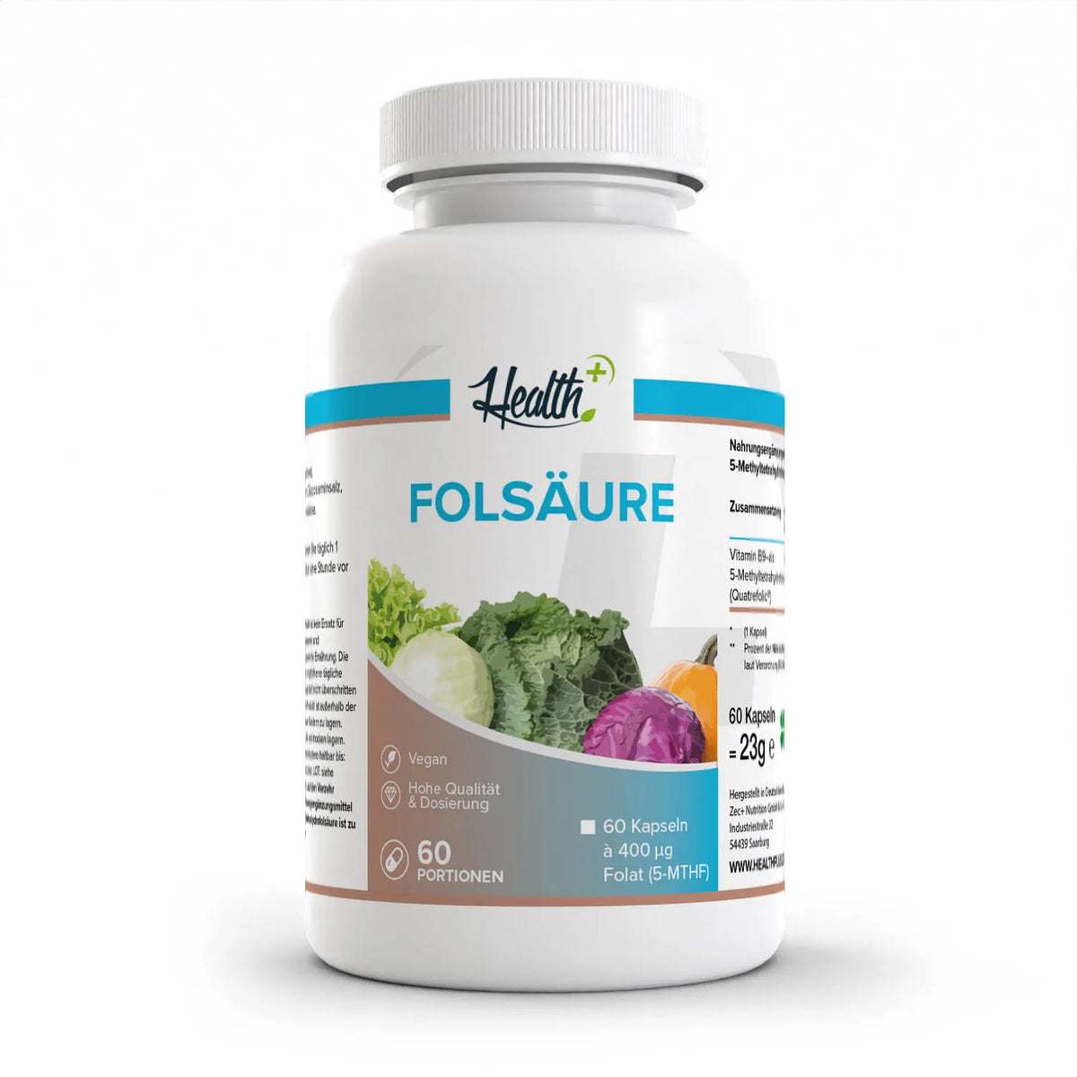 Healthplus Folsäure Kapseln 60 Stück Vorderseite weiße Kunststoffdose