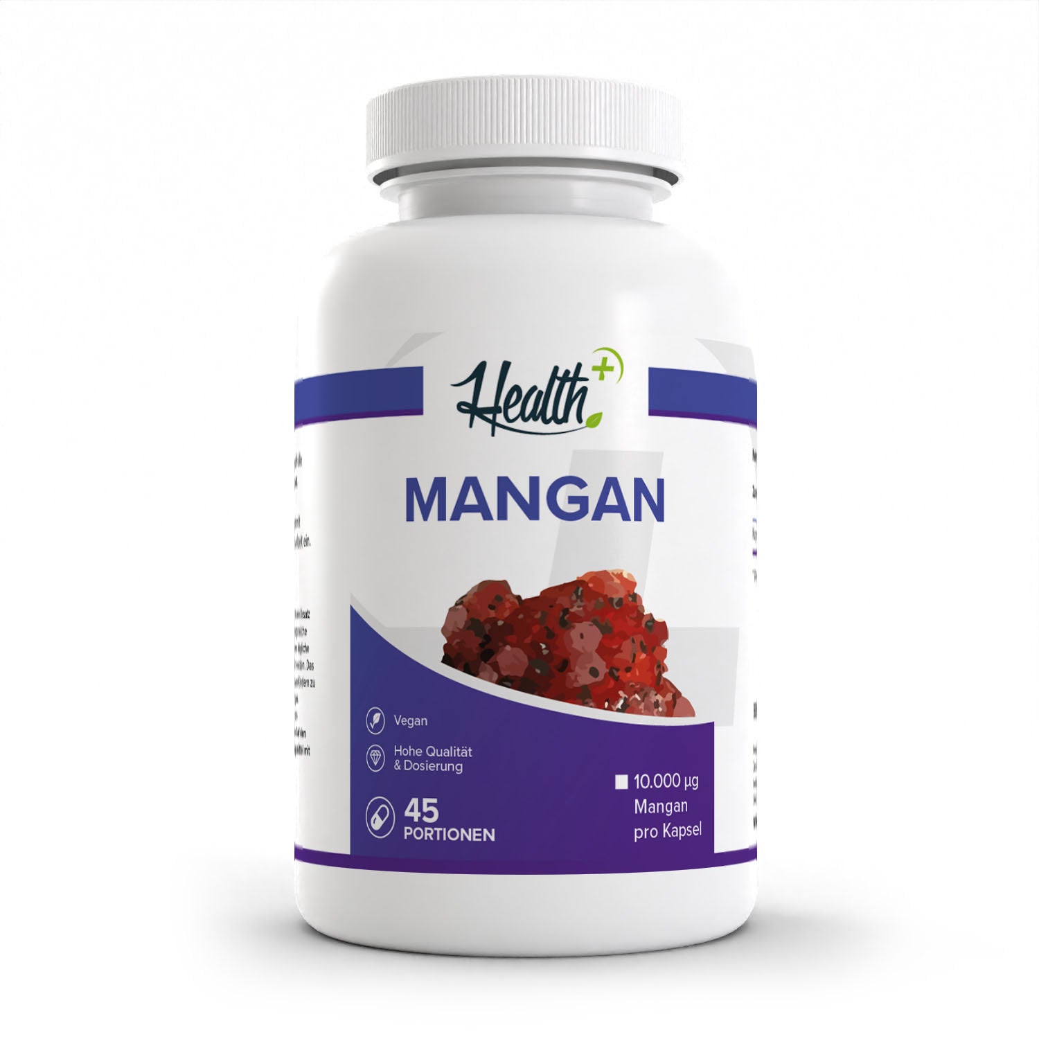 Healthplus Mangan 90 Kapseln Vorderseite weiße Kunststoffdose