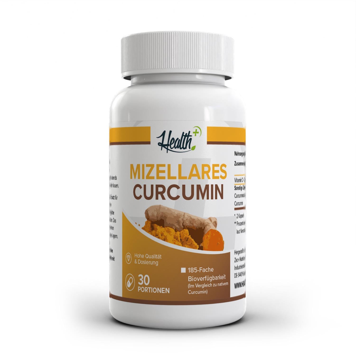 Healthplus Mizellares Curcumin 60 Kapseln Vorderseite weiße Kunststoffdose